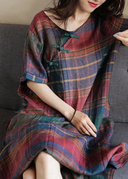 Simple o neck half sleeve linen summer dresses Photography plaid Dress - bagstylebliss