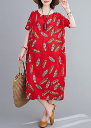 Simple o neck linen clothes For Women Runway red Feather print Dresses - bagstylebliss