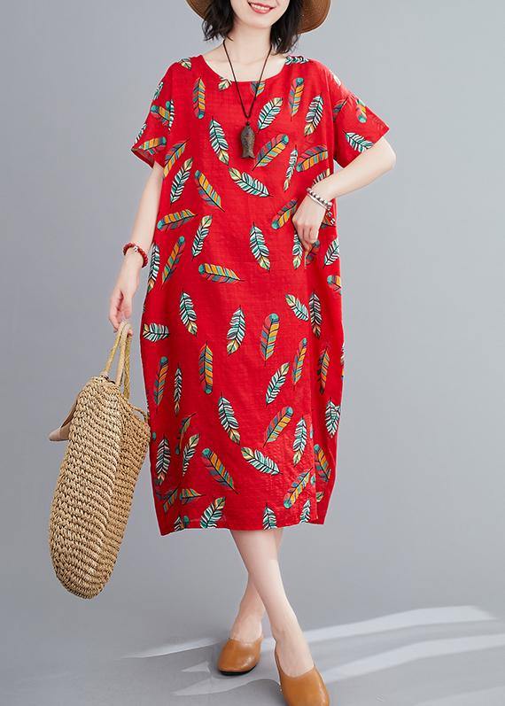 Simple o neck linen clothes For Women Runway red Feather print Dresses - bagstylebliss