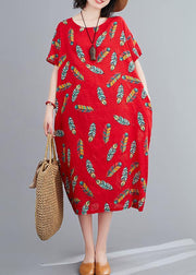 Simple o neck linen clothes For Women Runway red Feather print Dresses - bagstylebliss