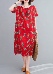 Simple o neck linen clothes For Women Runway red Feather print Dresses - bagstylebliss