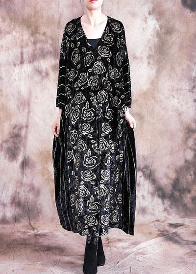 Simple o neck patchwork Tunics Inspiration black Large print Maxi Dresses fall - bagstylebliss