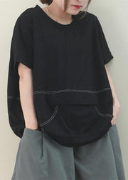 Simple o neck patchwork cotton Tunic Work Outfits black blouse - bagstylebliss