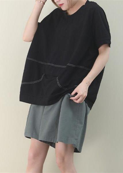 Simple o neck patchwork cotton Tunic Work Outfits black blouse - bagstylebliss