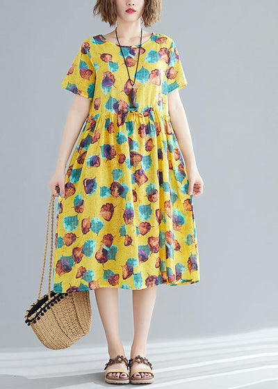 Simple o neck patchwork cotton Wardrobes Fitted Photography yellow print cotton Dresses Summer - bagstylebliss