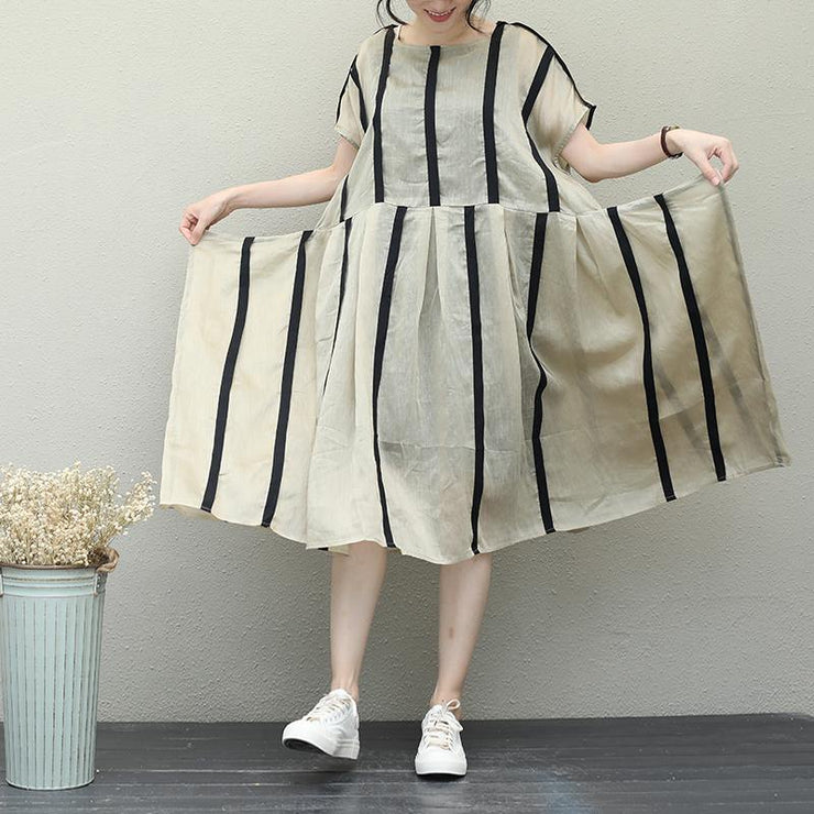 Simple o neck patchwork linen clothes For Women design khaki striped Dresses - bagstylebliss