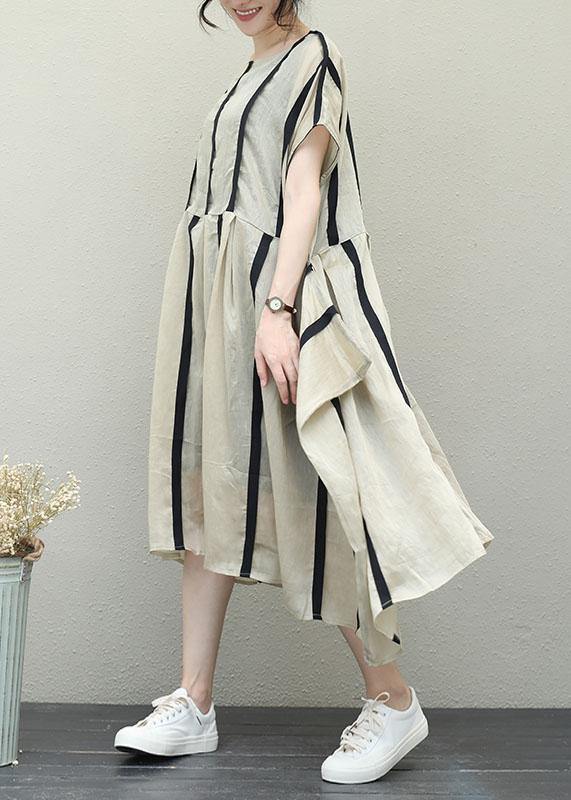 Simple o neck patchwork linen clothes For Women design khaki striped Dresses - bagstylebliss