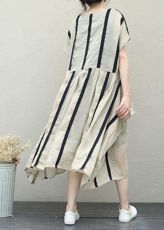 Simple o neck patchwork linen clothes For Women design khaki striped Dresses - bagstylebliss