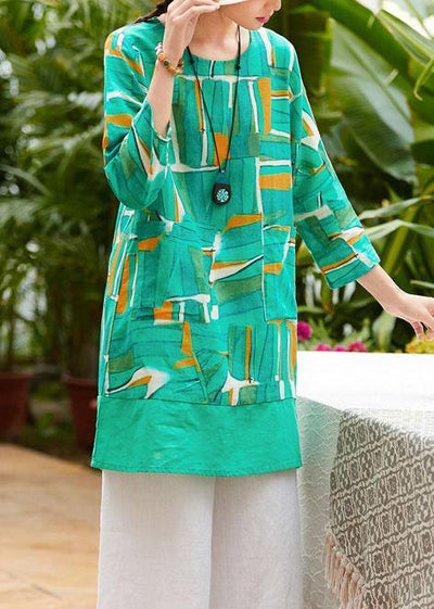 Simple o neck patchwork pockets linen tunic pattern Christmas Gifts green print blouse summer - bagstylebliss