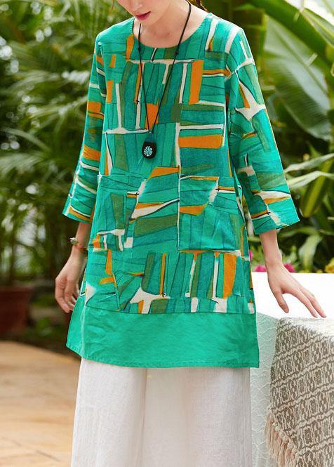 Simple o neck patchwork pockets linen tunic pattern Christmas Gifts green print blouse summer - bagstylebliss