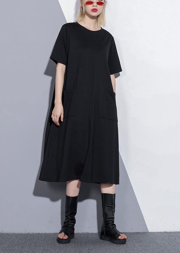 Simple o neck pockets Cotton blended tunic dress Tutorials black Dress summer - bagstylebliss