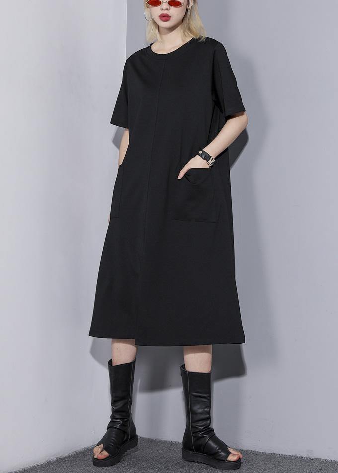 Simple o neck pockets Cotton blended tunic dress Tutorials black Dress summer - bagstylebliss