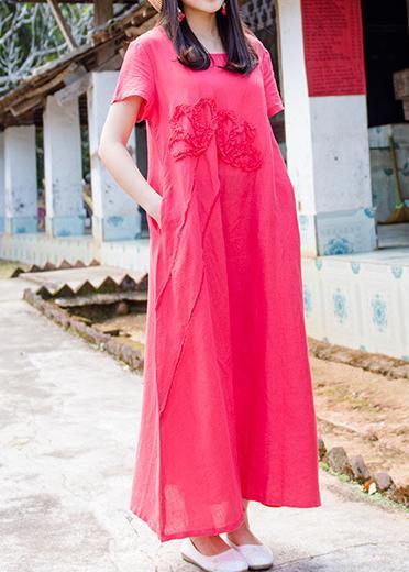 Simple o neck pockets cotton linen dresses pattern red Dress summer - bagstylebliss
