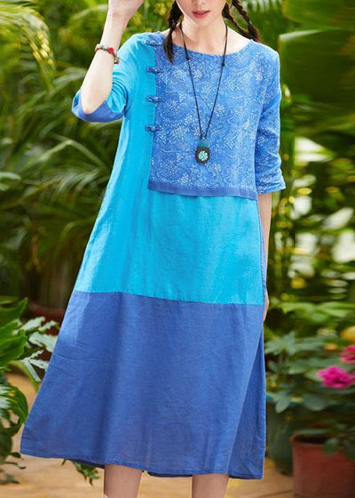 Simple o neck pockets linen dresses design blue print Dress summer - bagstylebliss