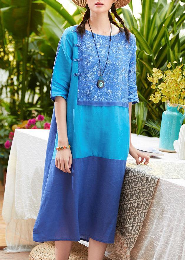 Simple o neck pockets linen dresses design blue print Dress summer - bagstylebliss