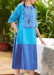 Simple o neck pockets linen dresses design blue print Dress summer - bagstylebliss