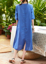 Simple o neck pockets linen dresses design blue print Dress summer - bagstylebliss