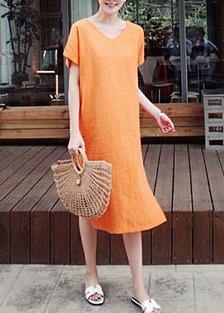 Simple o neck side open Cotton Wardrobes Photography orange Dress - bagstylebliss