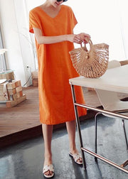 Simple o neck side open Cotton Wardrobes Photography orange Dress - bagstylebliss