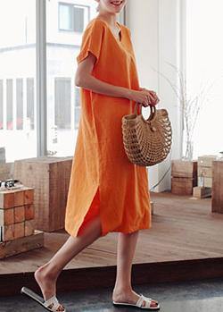 Simple o neck side open Cotton Wardrobes Photography orange Dress - bagstylebliss