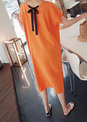 Simple o neck side open Cotton Wardrobes Photography orange Dress - bagstylebliss