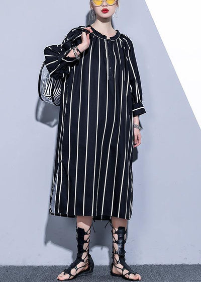 Simple o neck side open Tunics black striped cotton robes Dress summer - bagstylebliss