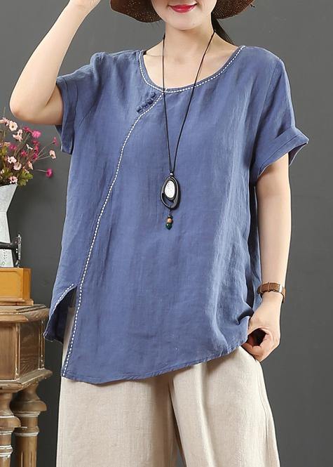 Simple o neck side open linen summer top blue cotton tops - bagstylebliss