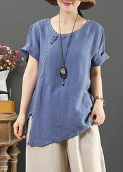 Simple o neck side open linen summer top blue cotton tops - bagstylebliss