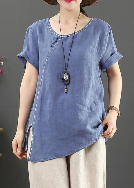 Simple o neck side open linen summer top blue cotton tops - bagstylebliss