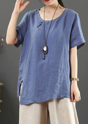 Simple o neck side open linen summer top blue cotton tops - bagstylebliss