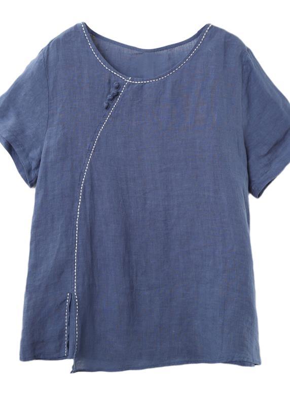 Simple o neck side open linen summer top blue cotton tops - bagstylebliss