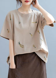 Simple o neck top Work brown embroidery tops - bagstylebliss