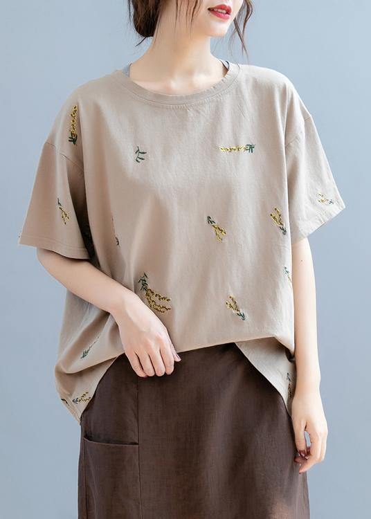 Simple o neck top Work brown embroidery tops - bagstylebliss