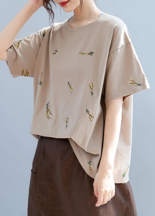 Simple o neck top Work brown embroidery tops - bagstylebliss