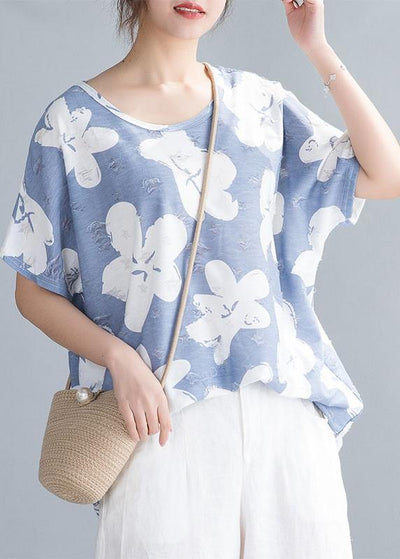 Simple o neck tunic pattern Neckline light blue print tops - bagstylebliss