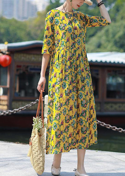 Simple o neck Cinched linen yellow print Dresses summer - bagstylebliss