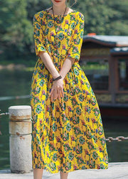 Simple o neck Cinched linen yellow print Dresses summer - bagstylebliss