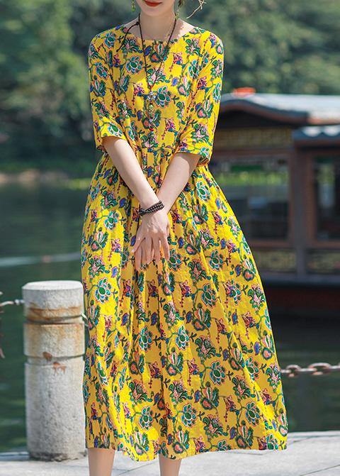 Simple o neck Cinched linen yellow print Dresses summer - bagstylebliss