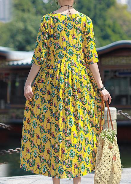 Simple o neck Cinched linen yellow print Dresses summer - bagstylebliss