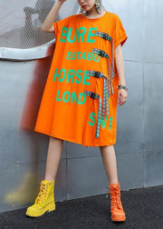 Simple orange print Cotton o neck stylish baggy summer Dresses - bagstylebliss