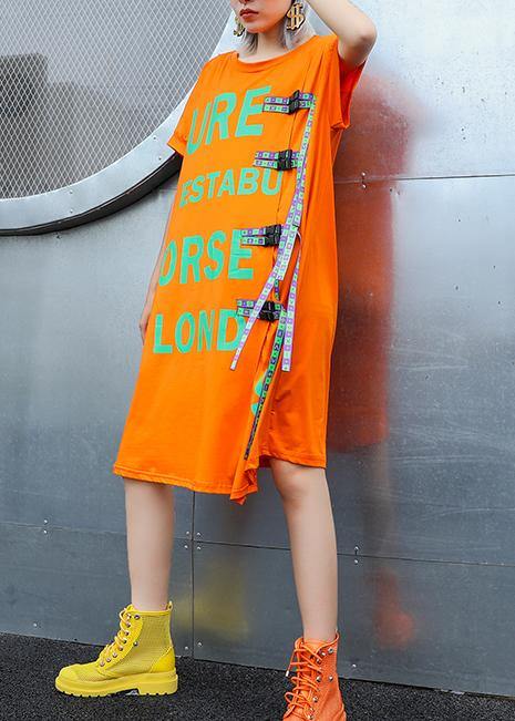 Simple orange print Cotton o neck stylish baggy summer Dresses - bagstylebliss