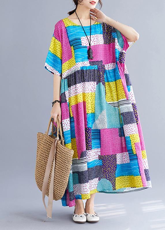 Simple patchwork color cotton dresses Inspiration rose o neck cotton robes Dress summer - bagstylebliss