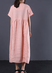 Simple pink high waist linen Wardrobes v neck Kaftan summer Dress - bagstylebliss