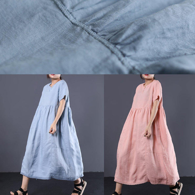 Simple pink high waist linen Wardrobes v neck Kaftan summer Dress - bagstylebliss