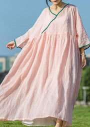 Simple pink linen Robes v neck exra large hem Maxi summer Dresses - bagstylebliss