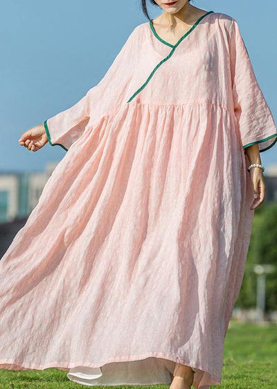 Simple pink linen Robes v neck exra large hem Maxi summer Dresses - bagstylebliss