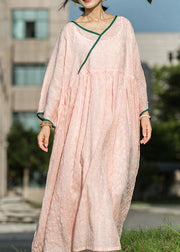 Simple pink linen Robes v neck exra large hem Maxi summer Dresses - bagstylebliss