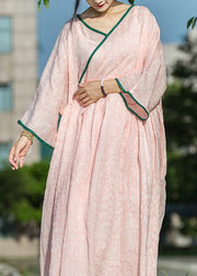 Simple pink linen Robes v neck exra large hem Maxi summer Dresses - bagstylebliss