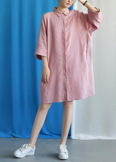 Simple pink linen dress flare sleeve cotton fall Dress - bagstylebliss