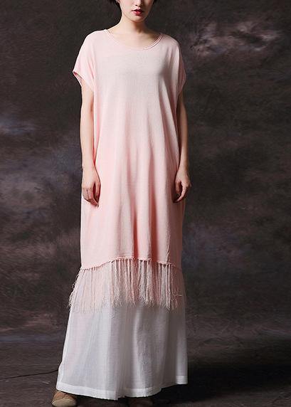 Simple pink tassel cotton Long Shirts o neck loose summer Dress - bagstylebliss